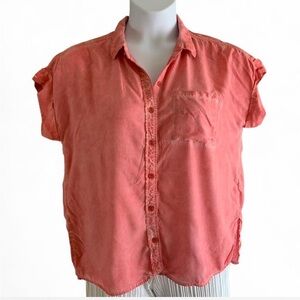 Fairy Cottage Velvet Heart Coral-Pink Button-Front Short Sleeve Shirt size M